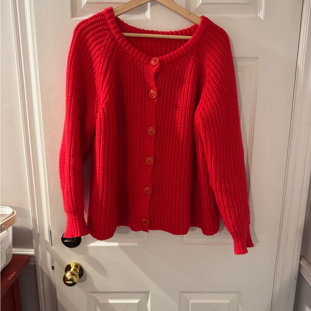 Chunky knit, bright red button up cardigan